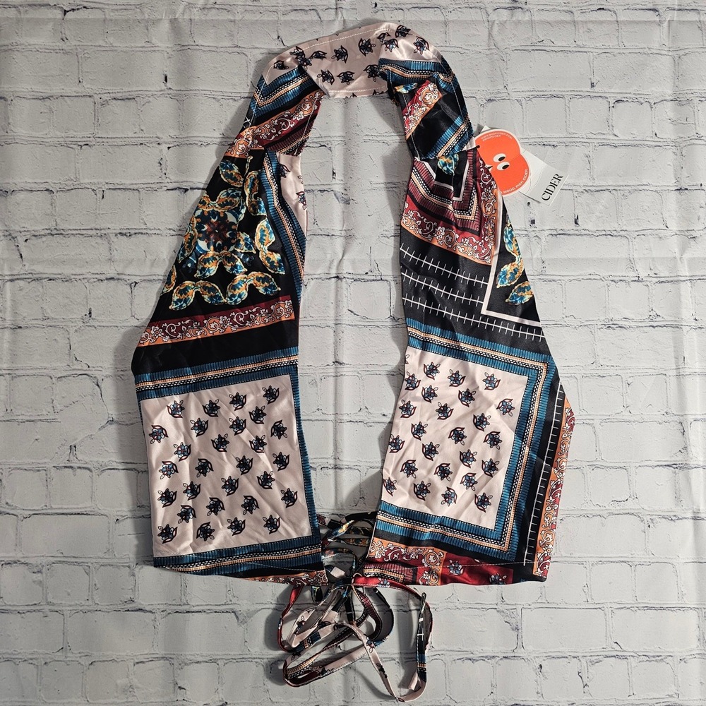 Cider Scarf Print Halter Crop Top Multicolor Paisley Boho Tie Back Large NEW